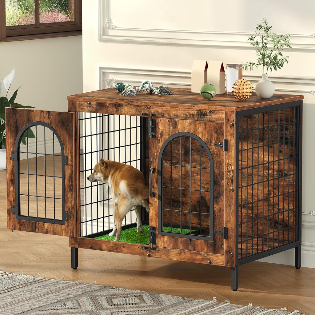 Dog Crate Furniture, 31.5" Dog Kennel with Dog Grass Pad and Tray