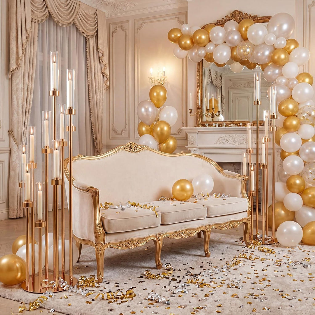 2 Pcs Extra High 50'' Floor Candelabra 9 Arm Gold Candle Holders Tall Floor Candle Holder with Acrylic