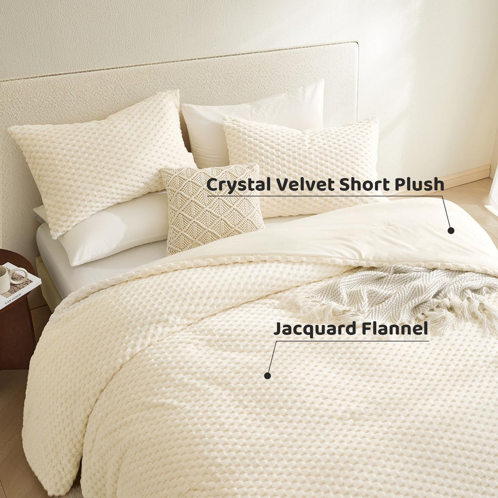 Fluffy Comforter Set - Ultra-Soft Cream White Flannel Thick Comforter for Bed, Luxury Warm Bedding Set for
