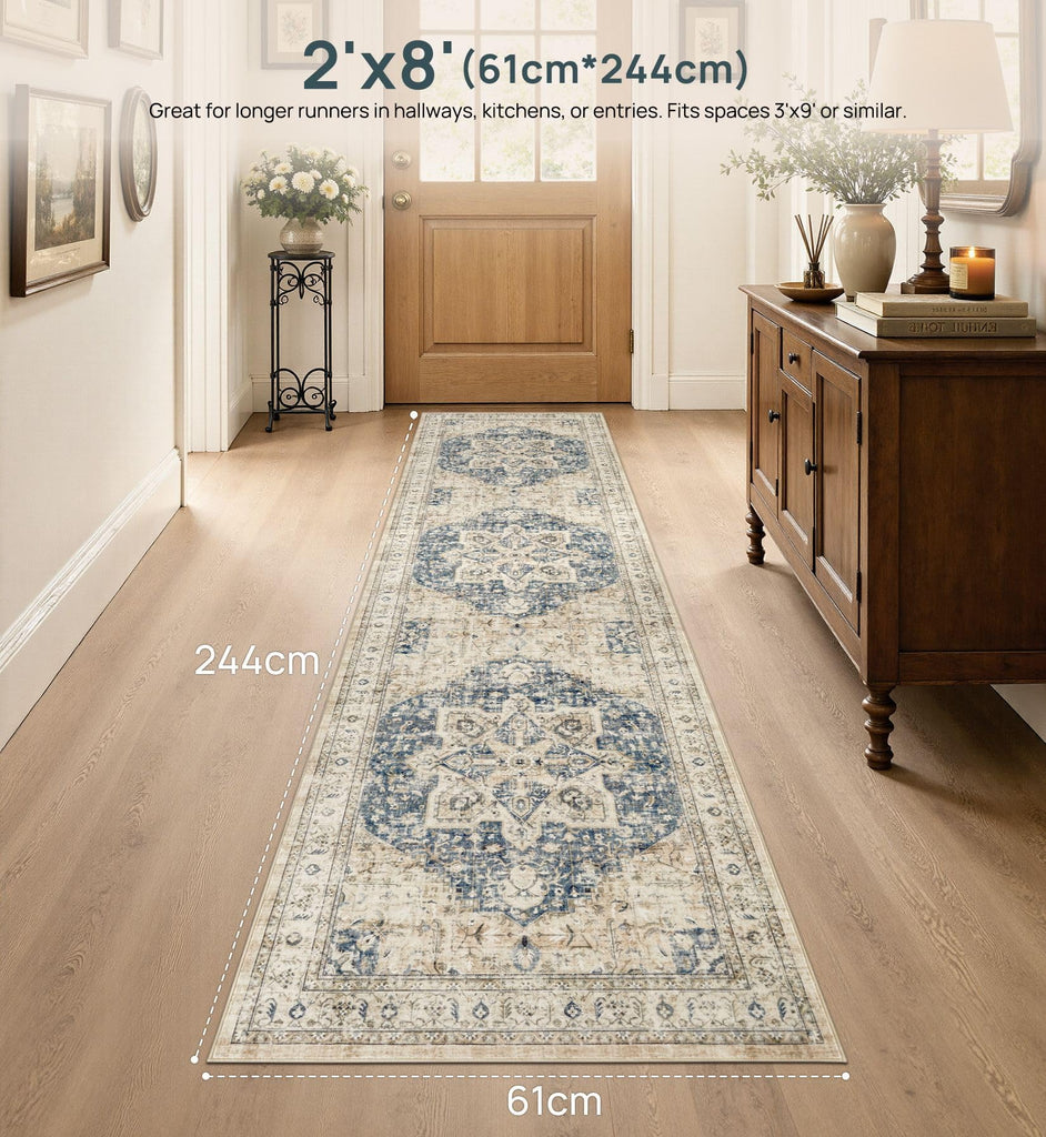Area Rug 2x8 Runner Rugs - Washable Vintage Oriental Farmhouse Thin Indoor Carpet Bedroom Hallway Entryway Kitchen