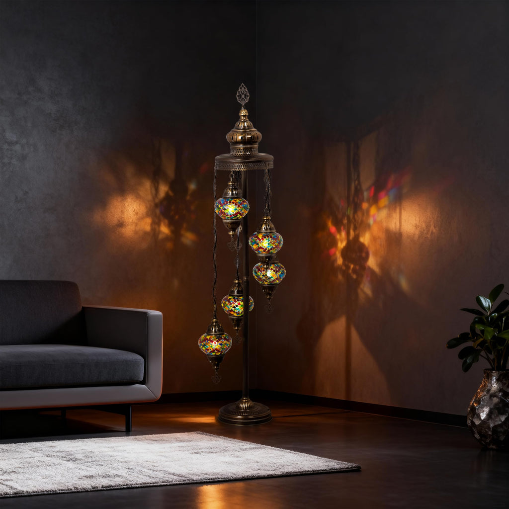 Turkish Mosaic Floor Lamp, 5 Globe, Rainbow