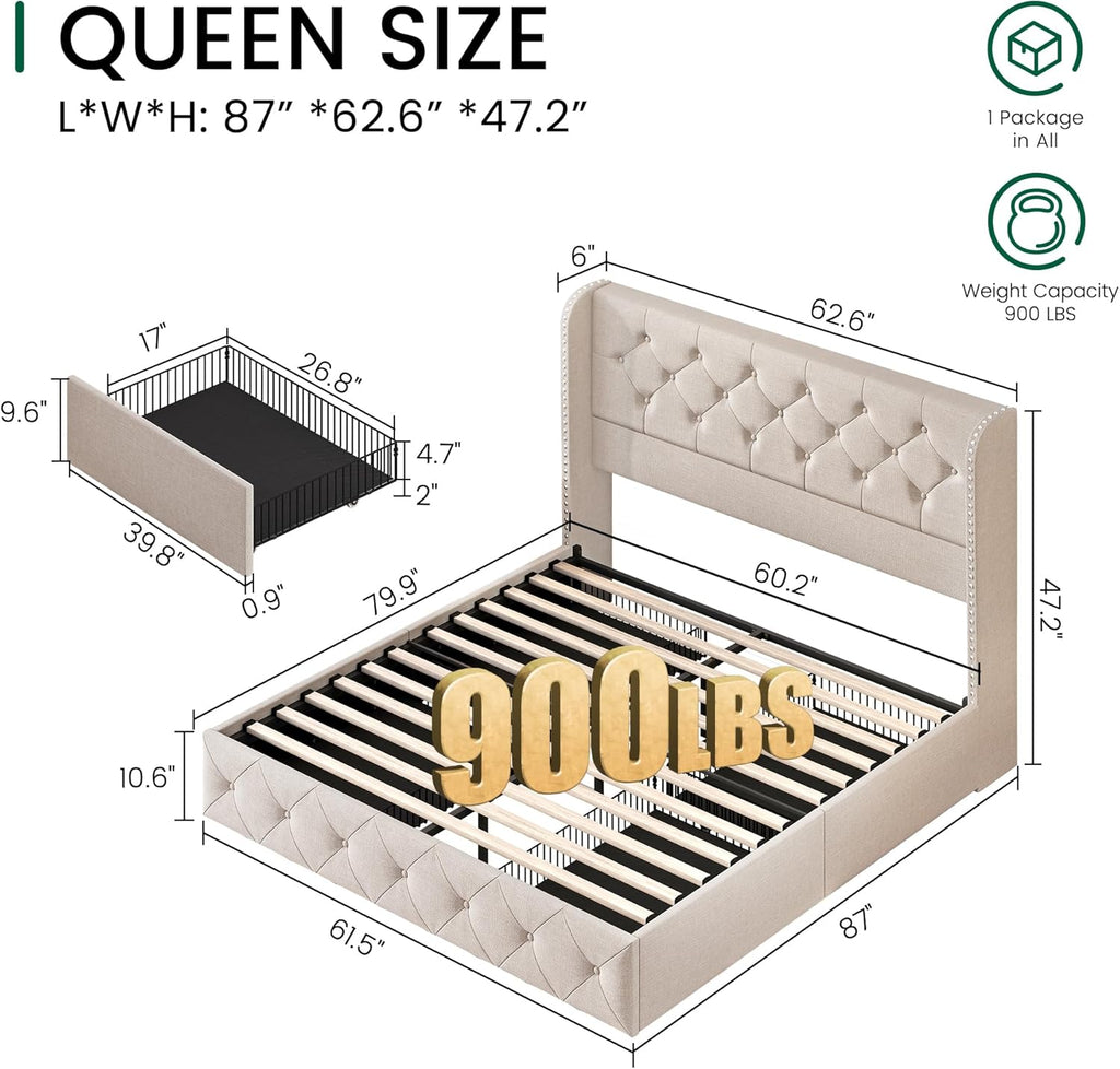 Queen Bed Frame with 4 Storage Drawers and 47.2" Tall Tufted Headboard Linen Upholstered Platform Bed Frame Wingback