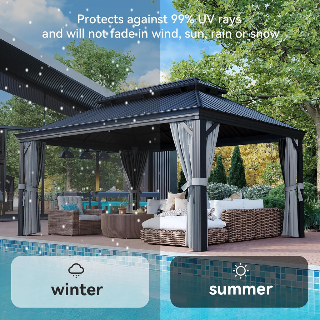 12' X 16' Permanent Hardtop Gazebo Aluminum Gazebo with Galvanized Steel Double Roof for Patio Lawn and Garden