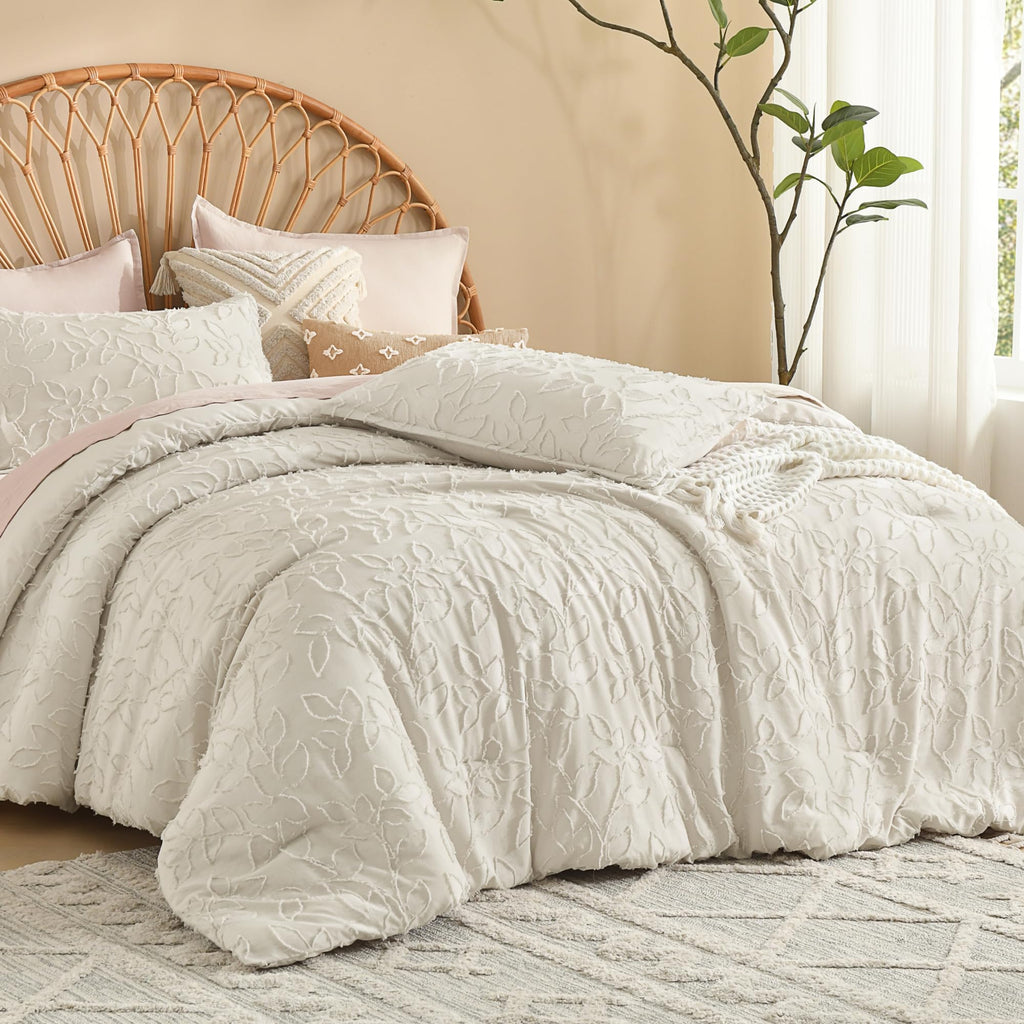 California King Comforter Set, 3PCS Beige Cream Boho Bedding