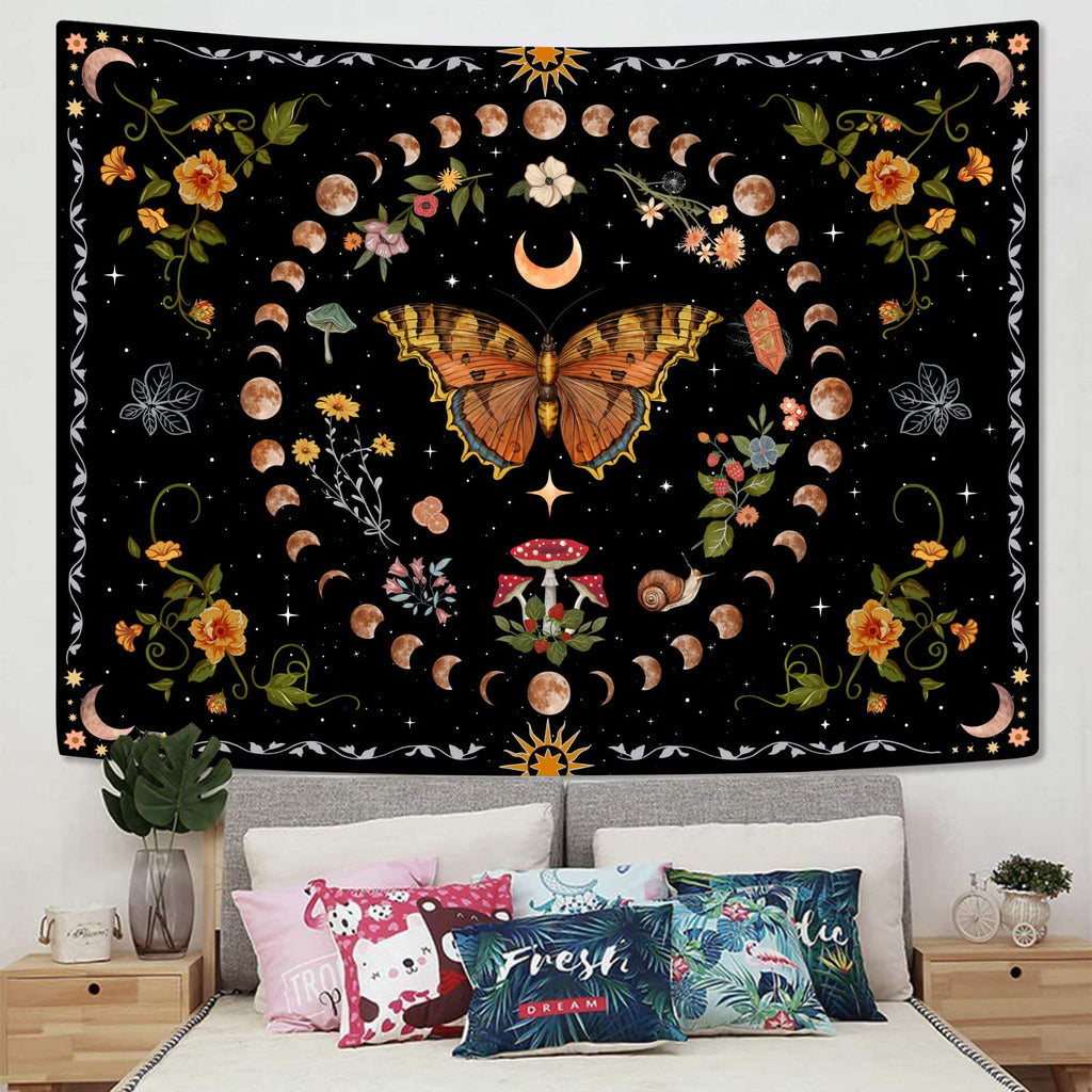 Orange Butterfly Moon Flower Tapestry Botanical Floral Plant Boho Tapestry Aesthetic Vintage Tapestries Wall Hanging