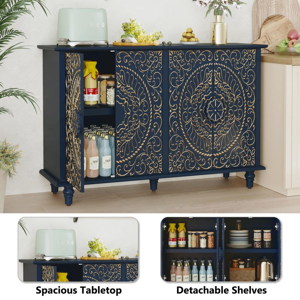 Sideboard Buffet Cabinet with Storage, 48" Decorative Accent Cabinet with Carved Flower Pattern, Modern Blue Credenza