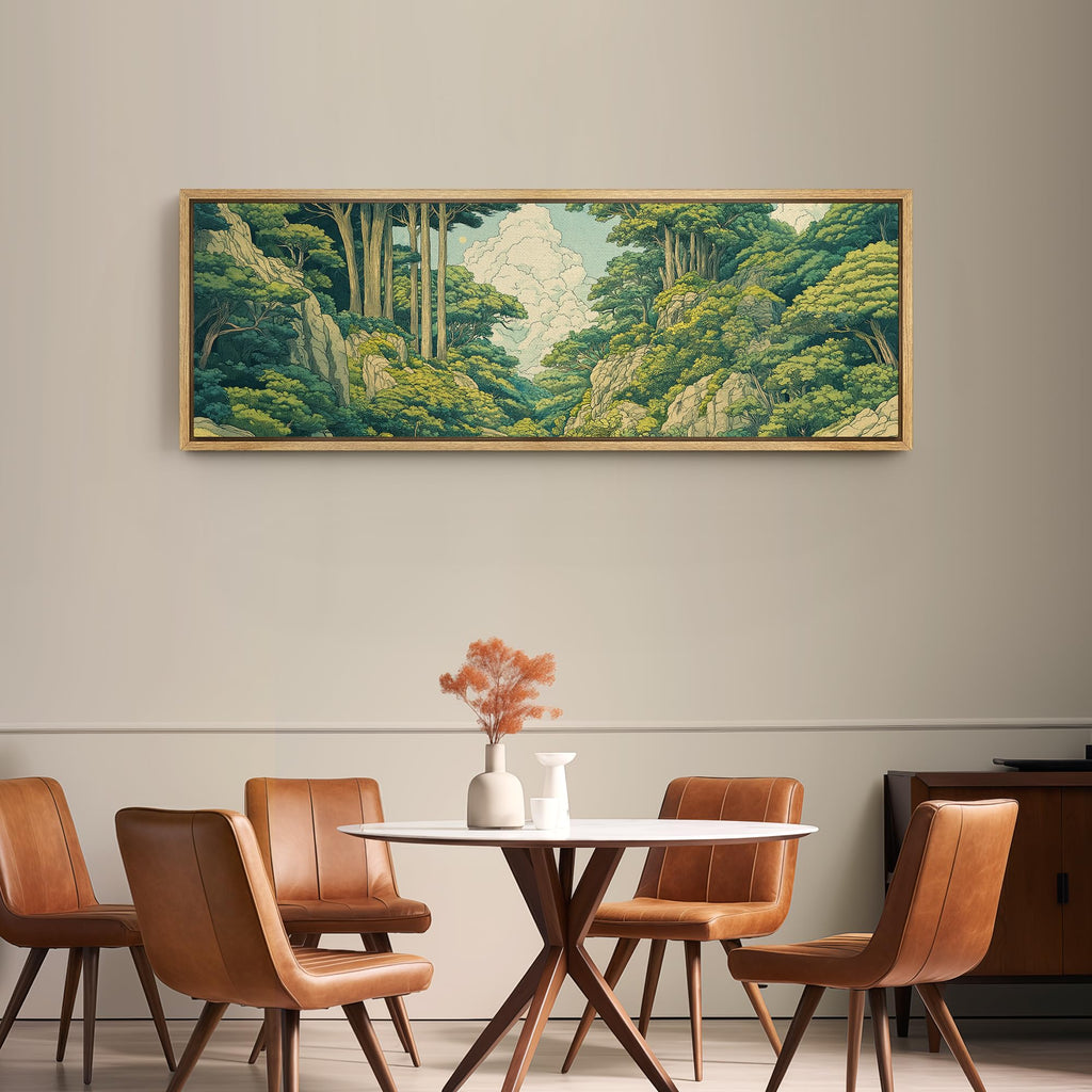 Large Framed Canvas Print Wall Art Japanese Ukiyo-E Style Forest Landscape Green Illustrations Modern Art Relax/Calm