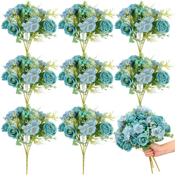 8 Pcs Artificial Rose Bouquet 12 Inch Wedding, Teal Blue