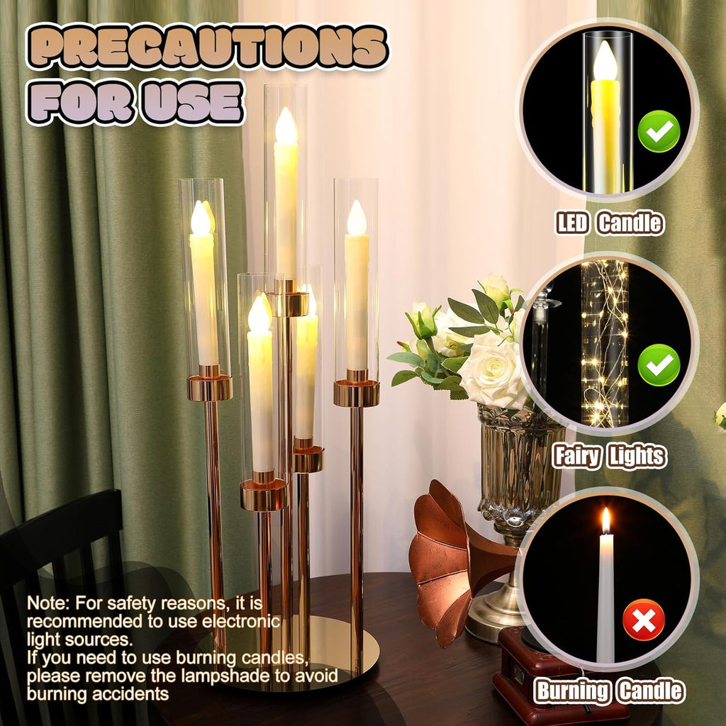 4 Set Gold Candelabra Centerpieces for Tables, 26.8 Inch 5 Arm Candle Holders with LED Candles and Acrylic Cylinders
