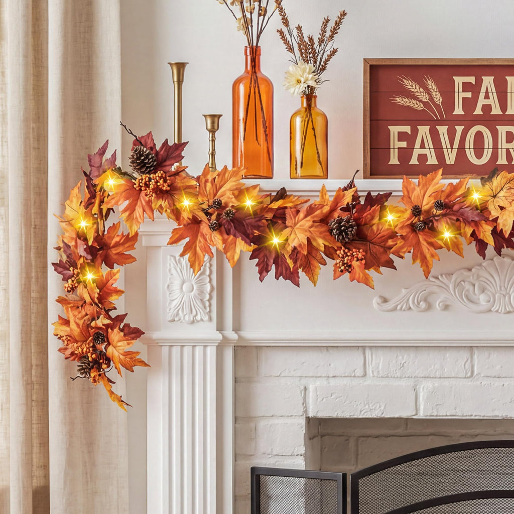 6Ft Fall Garland with 30 Lights & Timer Mantle Decor