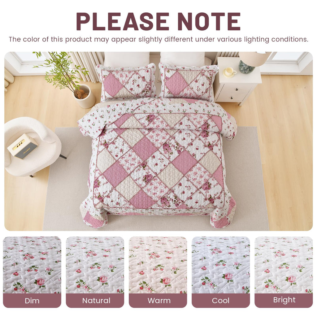 Pink Quilt Bedding Set, Floral Patchwork Reversible Quilts