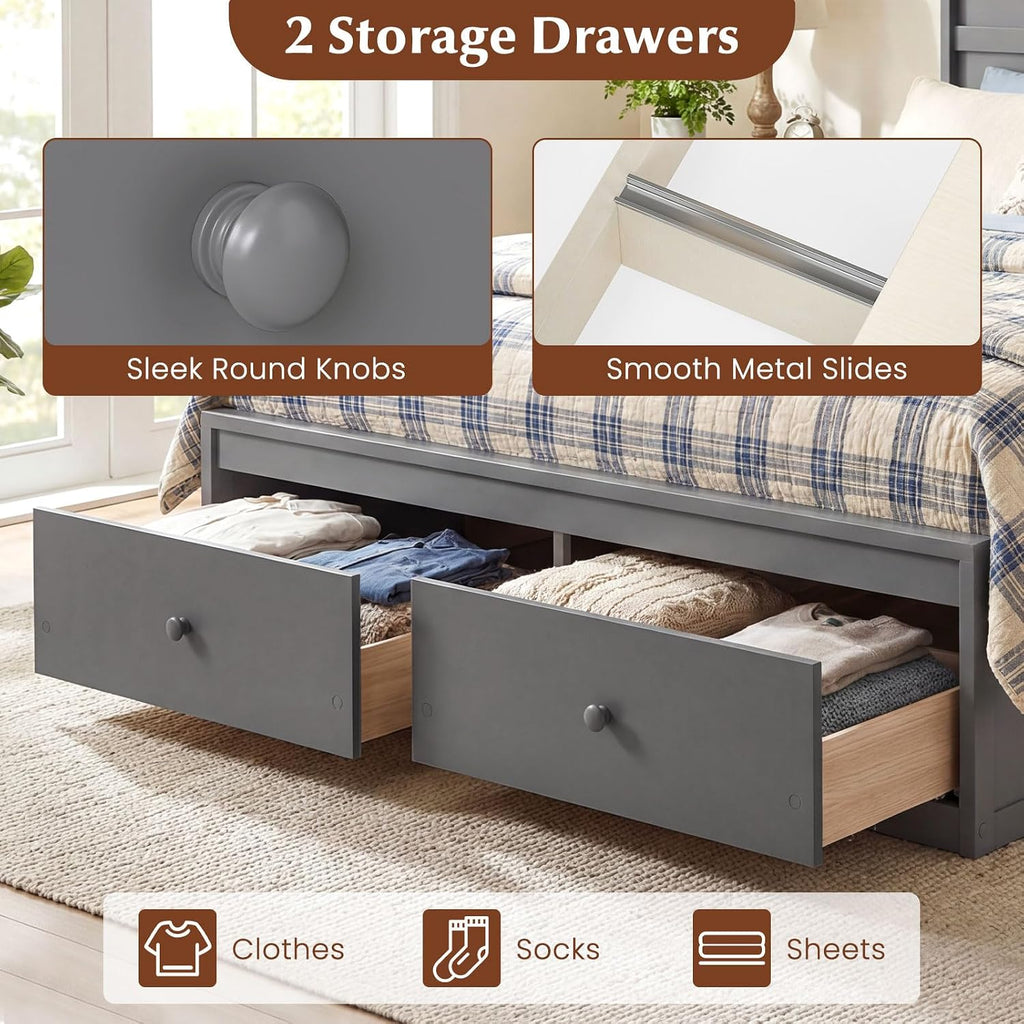 Full Size Wood Platform Bed Frame with 2 Storage Drawers and Headboard, Enclosed Base, Grey