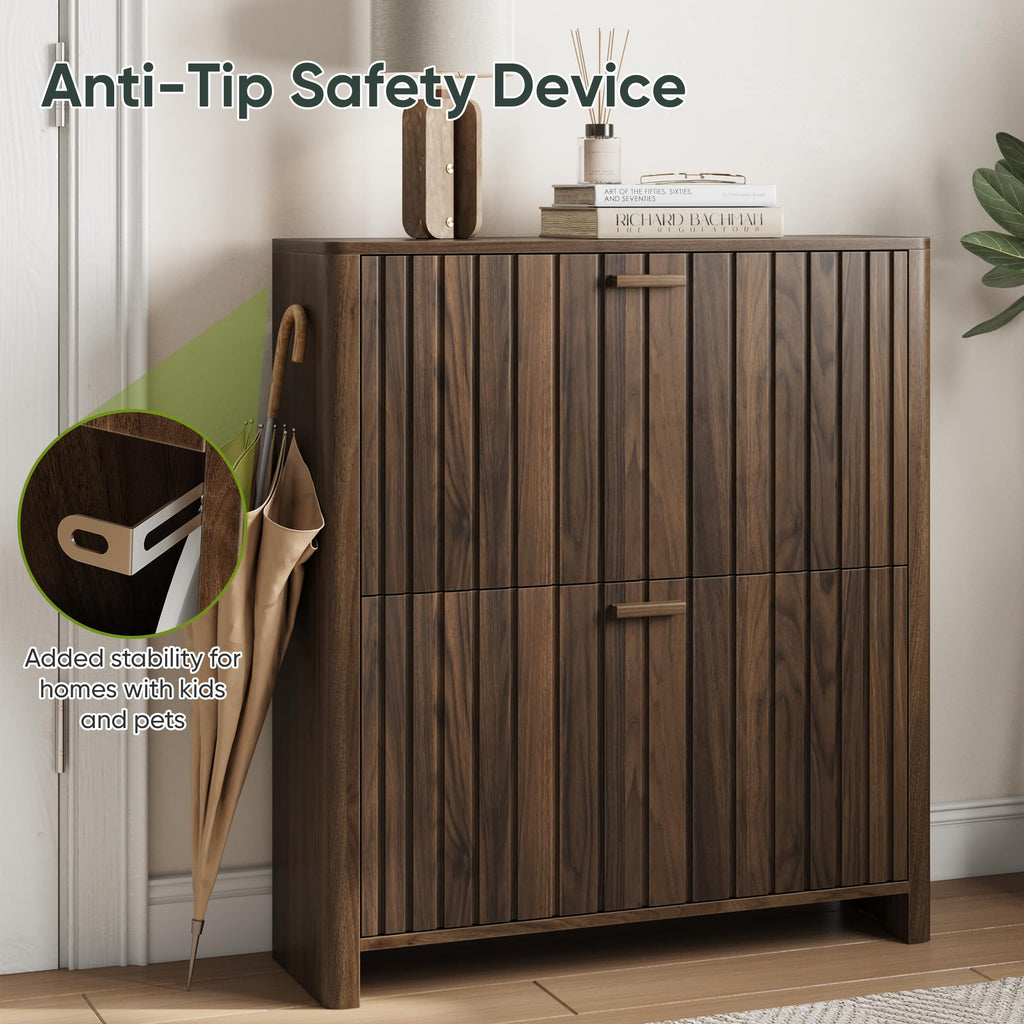 Shoe Cabinet with 2 Flip Drawers, 31.5 Inch Narrow Fluted Shoe Organizer with Gradient Wood Strips Door Hallway