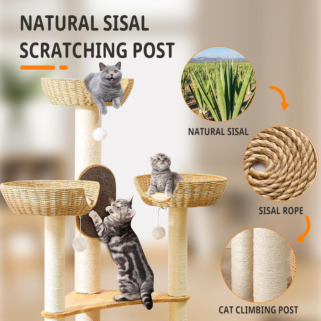 55-Inch Cat Tree for Large Indoor Cats with 4 Handwoven Basket Beds