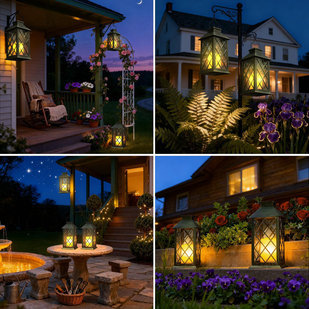 Solar Lanterns Outdoor Waterproof 14" Flickering LED, 2 Pack, Bronze