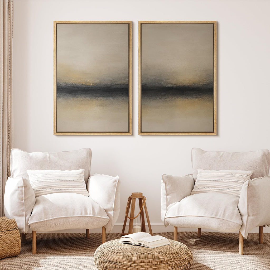 Framed Canvas Print Wall Art Abstract Sunset Horizon Modern Minimalist Beige and Black Illustrations Modern Art