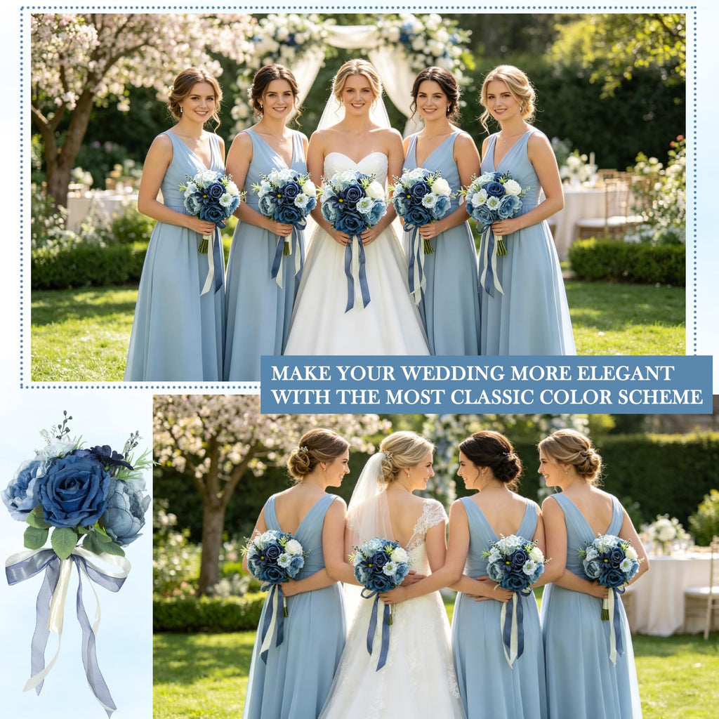 Artificial Bridesmaid Bouquets Set of 4 - NavyBlue 9 Inch Various Flower Bouquet for Wedding Party Ceremony