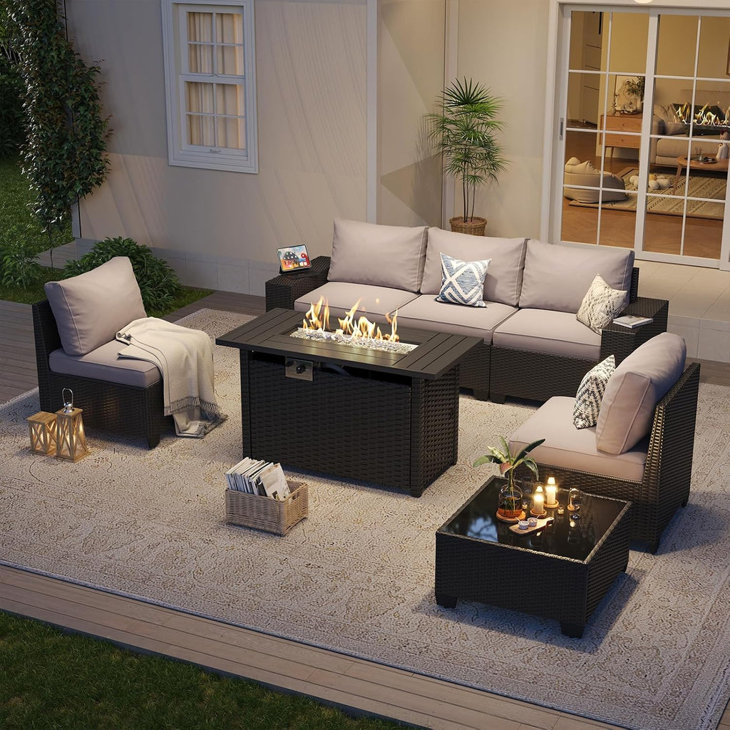 Outdoor Patio Furniture Set with 44'' Fire Pit Table, 7 Pcs Outdoor Sectional with 4in Thicken Cushion, Widen