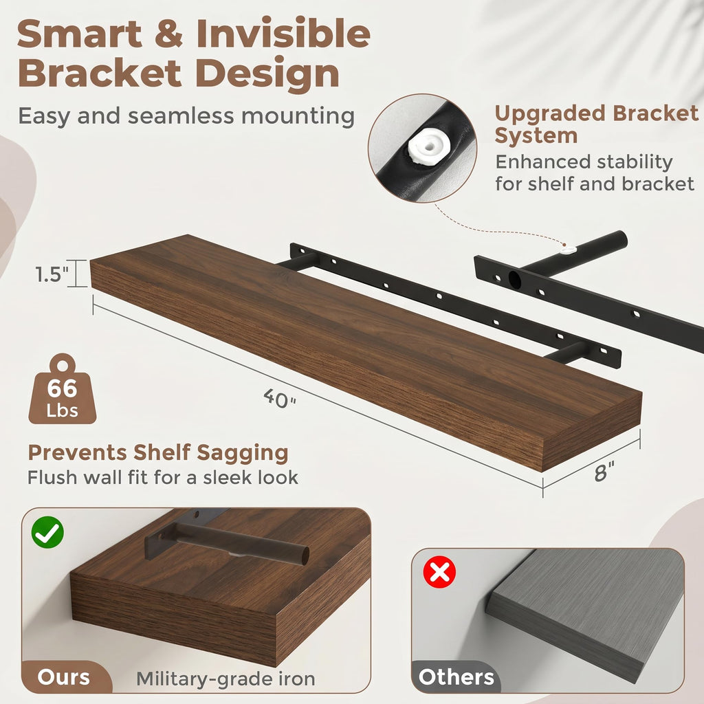 40 Inch Floating Shelves for Wall, 8"D Wood Storage Shelves, Walnut Finish