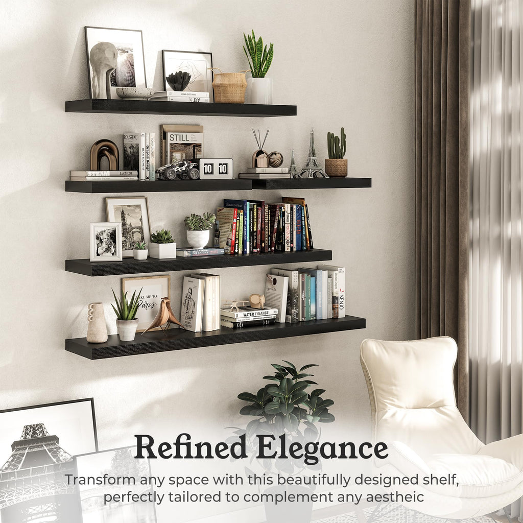 36" Black Floating Shelves Wood Wall Shelf, Black Color, Set of 2