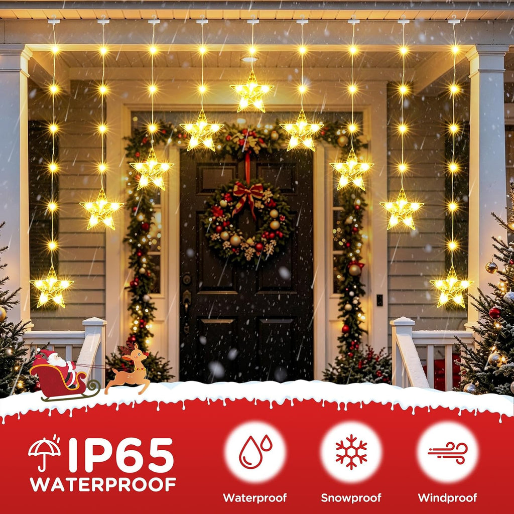 Christmas Window Lights, 76LED 9 Stars IP65 Battery Operated Star Curtain Lights 11 Modes with Timer, Xmas Decoration