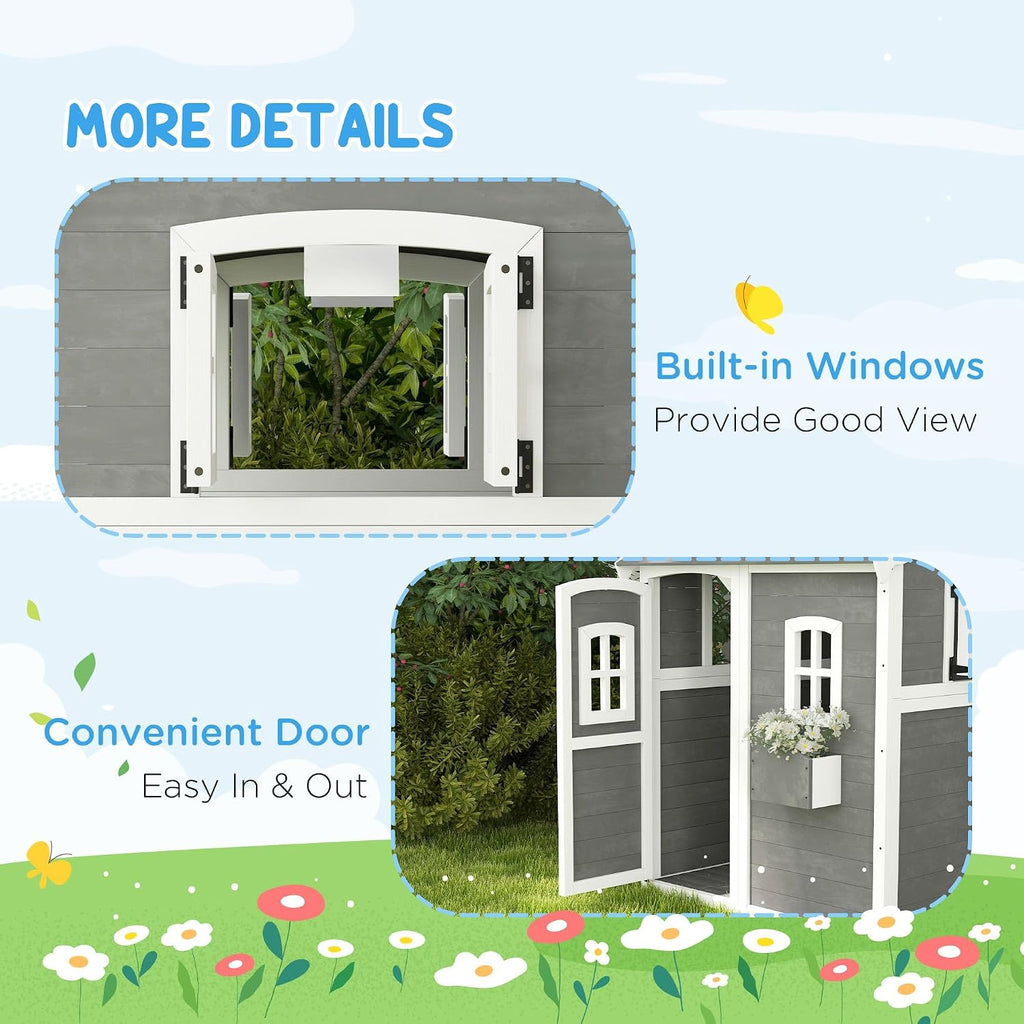 48x48x70in Kids' Outdoor Wooden Playhouse Includes Two Doors Two Windows Safety Floor and PlanterBox for Ages 3 to 8