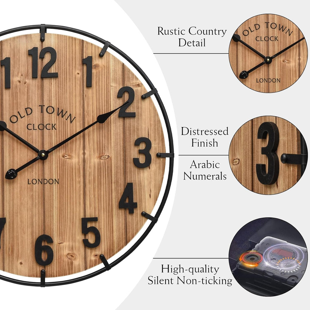 Large Old Town Farmhouse Wall Clock 24 Inch Rustic Antique Wood with Metal Circle and Large Numerals Silent Battery