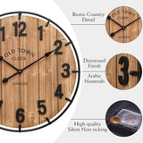 24 Inch Farmhouse Wall Clock Large Old Town Vintage Rustic Wooden Clock with Metal Rim and Large Numerals