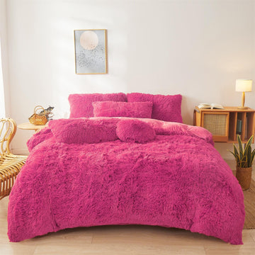 Fluffy Faux Fur hot Pink Comforter Cover Set - Ultra Soft Plush Bedding Sets 3 Pieces (1 Fluffy Duvet Cover + 2