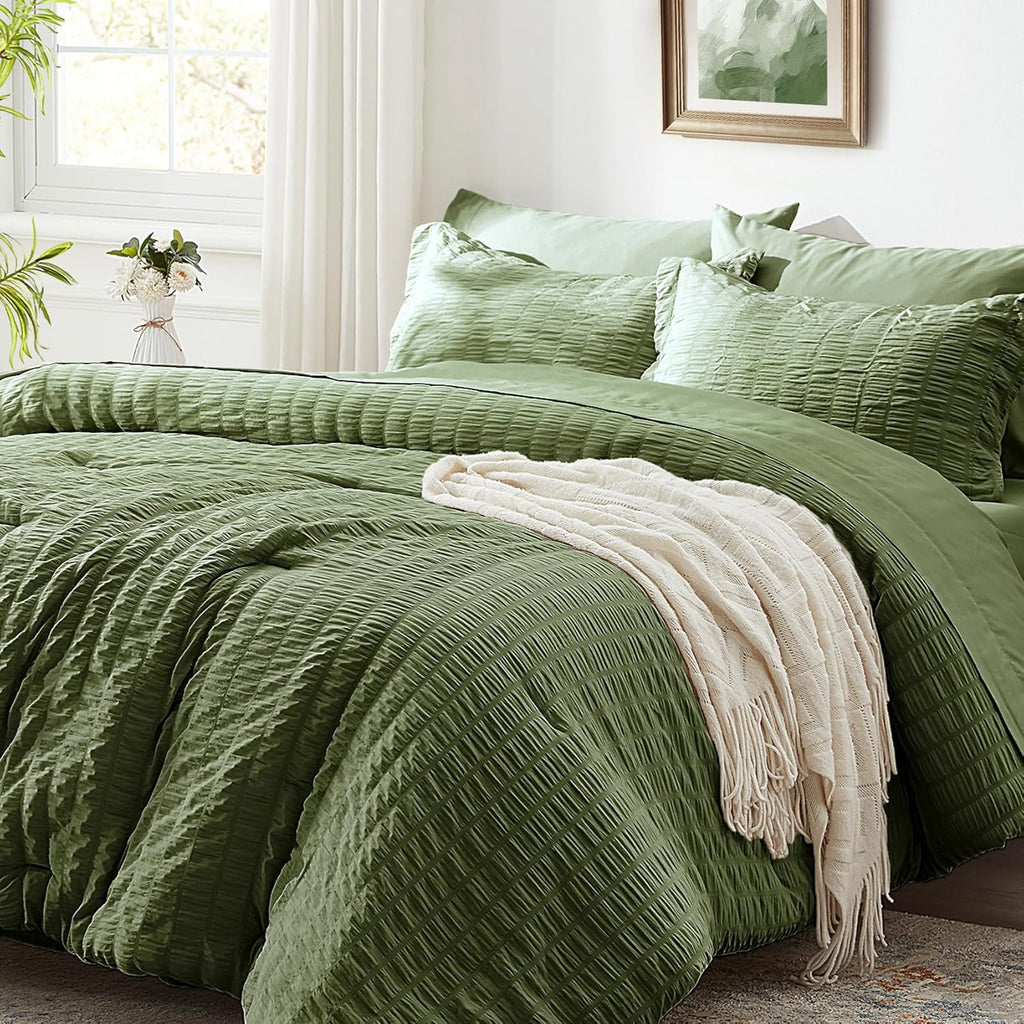 Queen Comforter Set 7 Pieces, Olive Green Seersucker Bed in a Bag with Comforter and Sheets