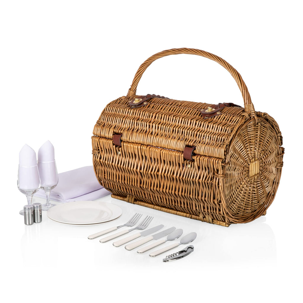Barrel Wicker Picnic Basket for 2, Romantic English-Style Rounded Wooden Wicker Basket with Deluxe Service for 2