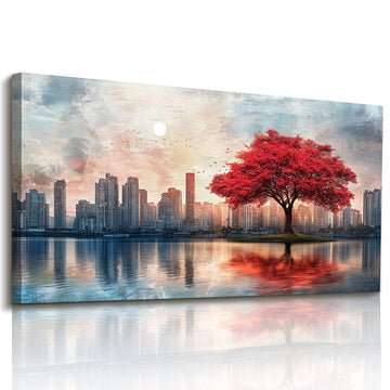 City Skyline Wall, Red Tree Landscape Large Painting 20x40in