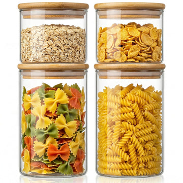 32 oz & 21 oz Round Glass Food Storage Containers with Bamboo Lids, 4 Pack