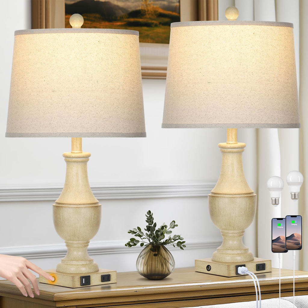 Farmhouse Vintage 3-Way Dimmable Table Lamp Set of 2 with USB A+C Charging Ports & AC Outlet, Rustic Mid Century