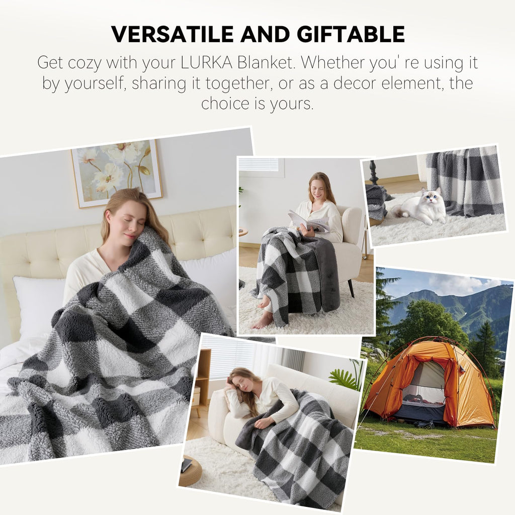 Checkered Sherpa Fleece Throw Blanket for Couch & Bed, Grey 50x60
