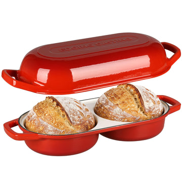 Enameled Cast Iron Double Bread Dutch Oven, Red