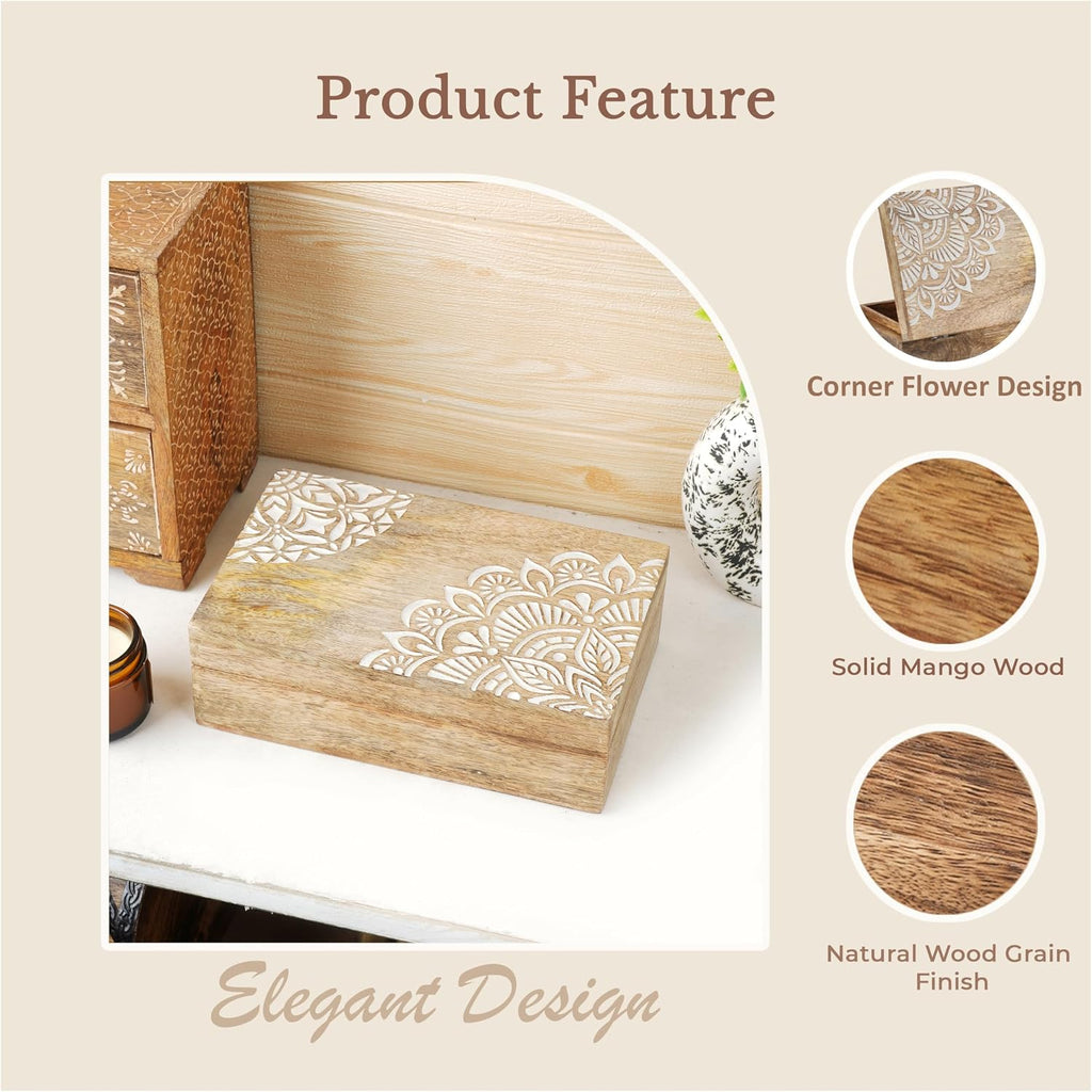Wooden Jewelry Box Corner Flower Carved Keepsake Treasure Chest