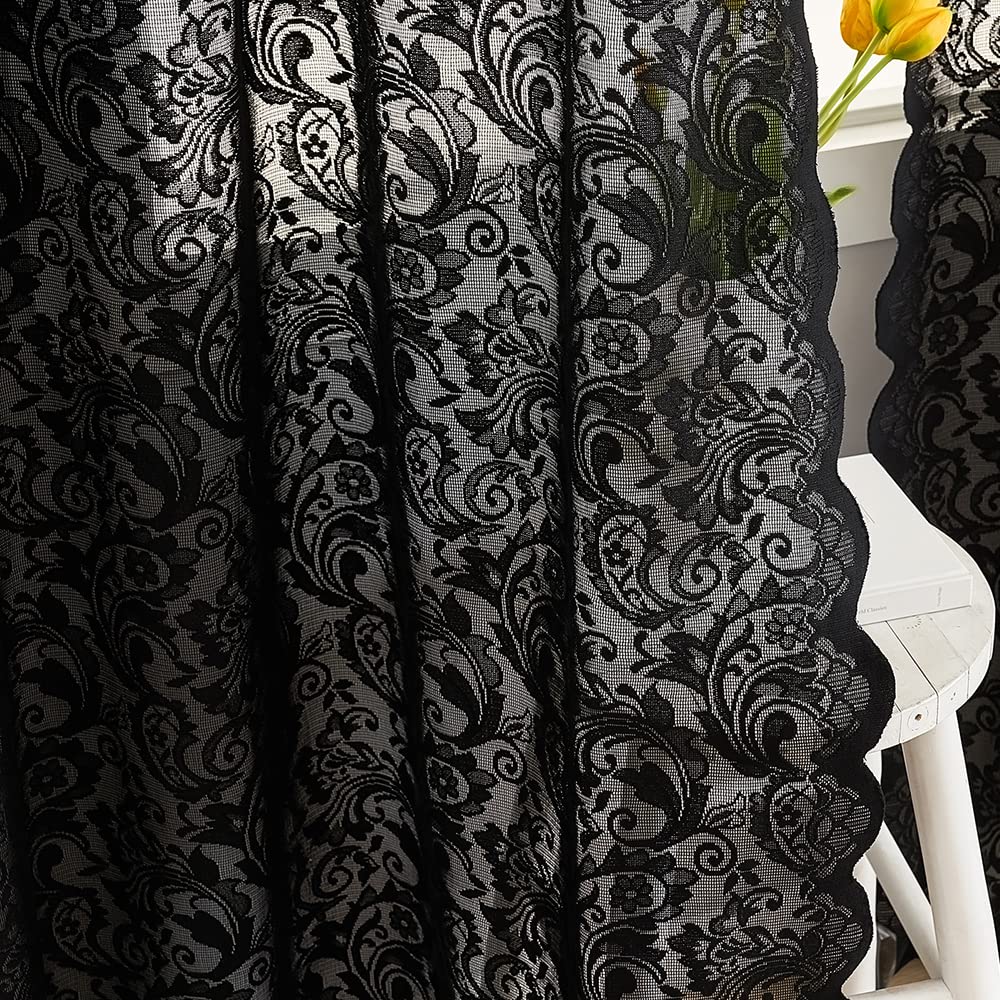 Black Lace Curtains 72 inch Length 2 Panels Set -Vintage Paisley Black Sheer Curtain Panels Gothic Curtains French