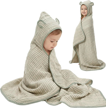 Muslin Toddler Bath Towels Organic Cotton Blend (Sage Stripe,55x28)