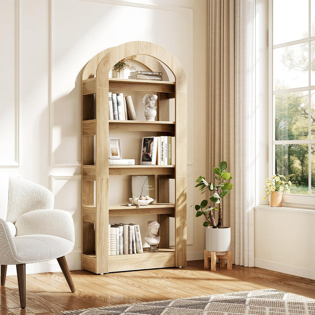 5-Tier Bookshelf, Arch-Shaped Racks, Tall Standing Wooden Bookcase Display Shelf Modern Storage Solution (2, Teak