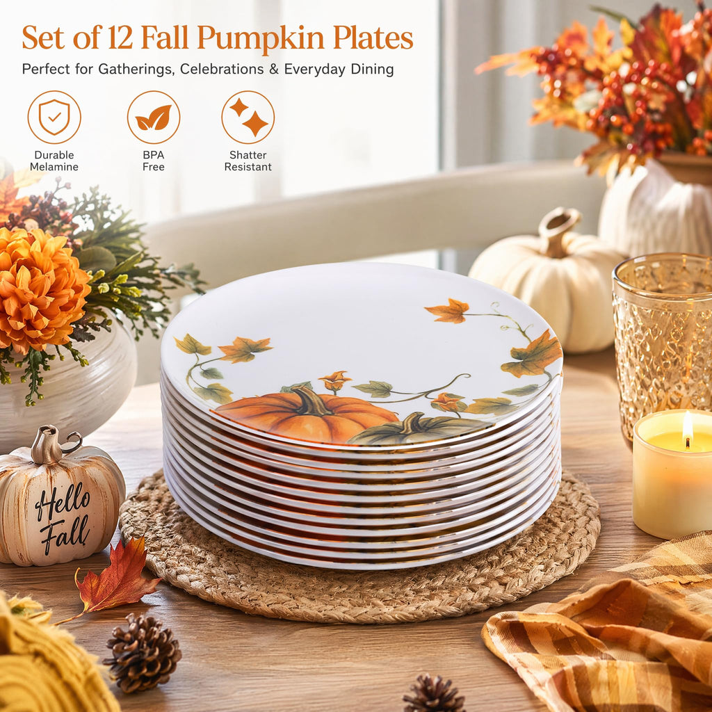 10in Melamine Dinner Plates Set 12 - Fall Pumpkin Design for Outdoor