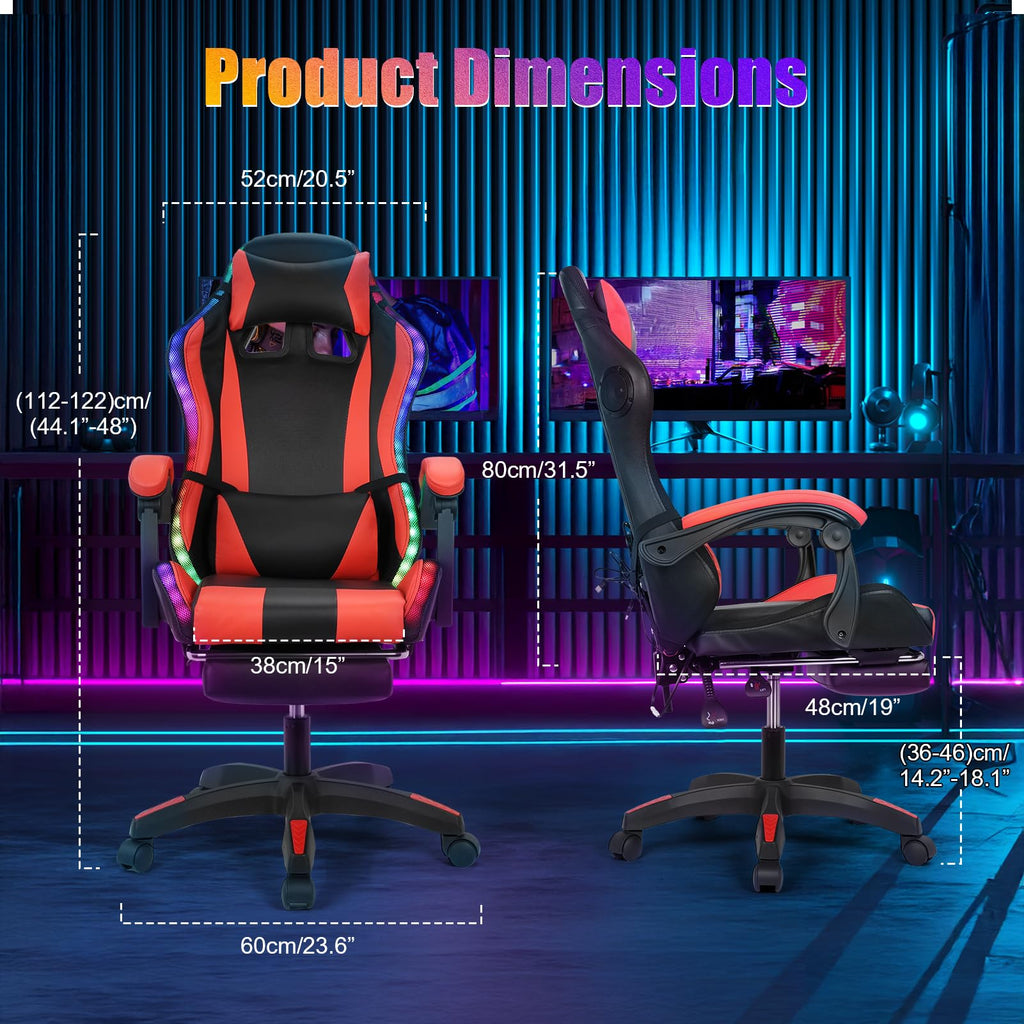 Gaming Chair with Bluetooth Speakers & Lights, Ergonomic High-Back Office Chair with Headrest & 135° Recline, 360°
