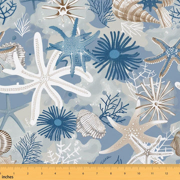Coastal Starfish Fabric by The Yard - Conch Shell Coral Soft Polyester No Stretch, Vintage Underwater Furnishing, Light