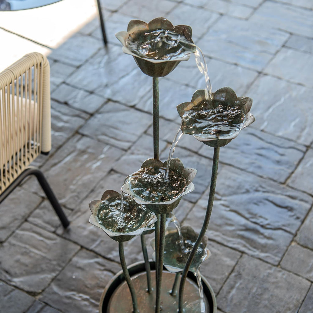35" Tall Silver Metal Sculptural Flower Multi-Tier Freestanding Water Fountain for Indoor & Outdoor Use