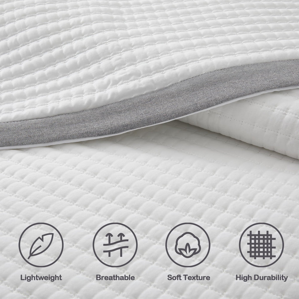 White Quilt Set - Farmhouse Soft Striped Stitch Bedding Bedspread Coverlet Summer Lightweight