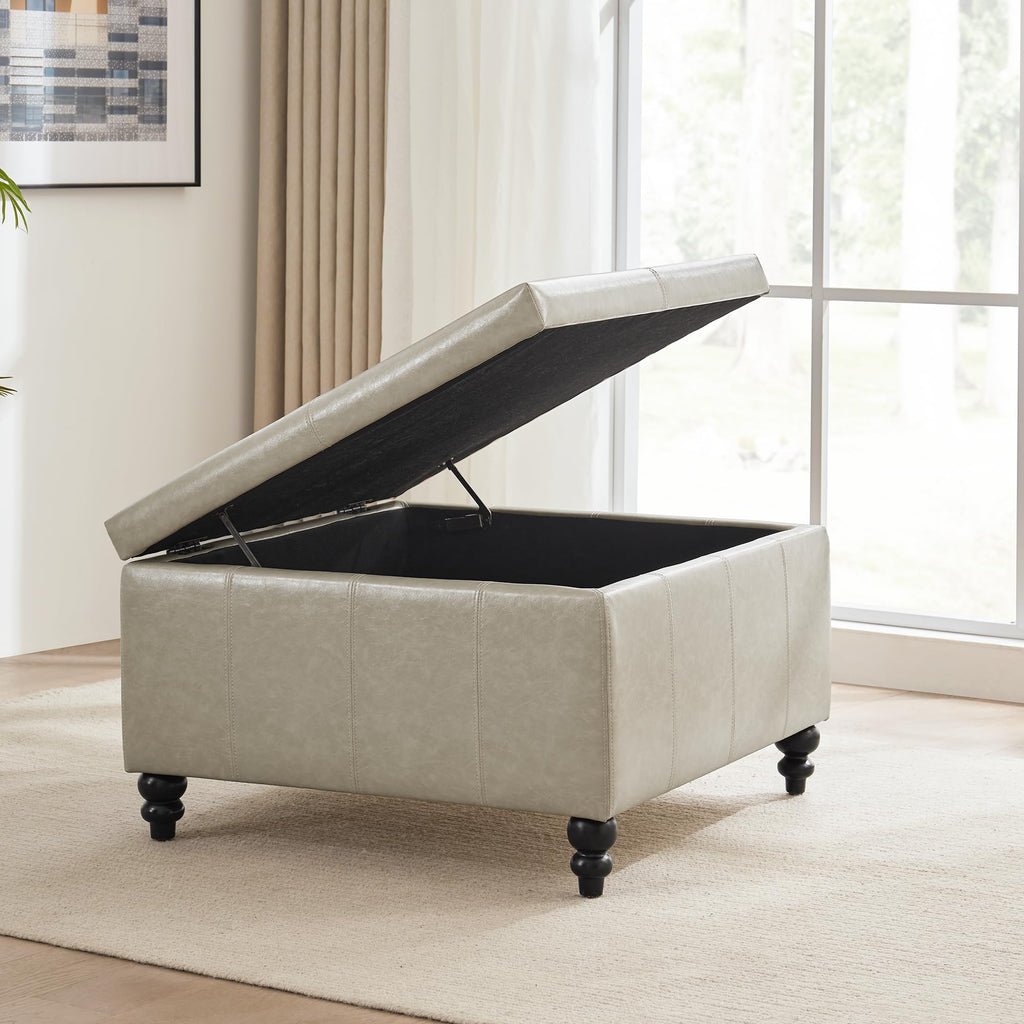 Square Storage Ottoman, Tufted Leather Ottoman (Khaki)