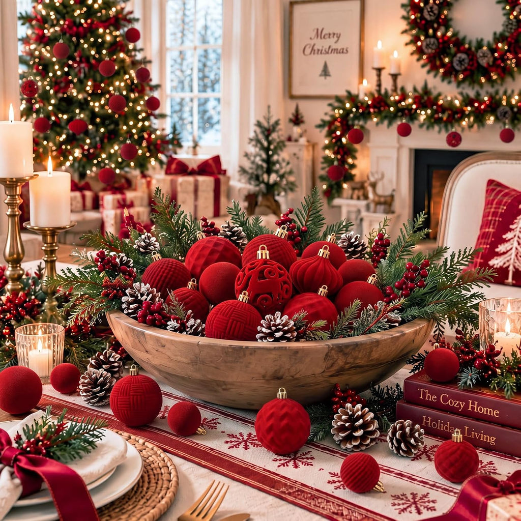 46 Pcs Velvet Christmas Ball Ornaments, Shatterproof, Red