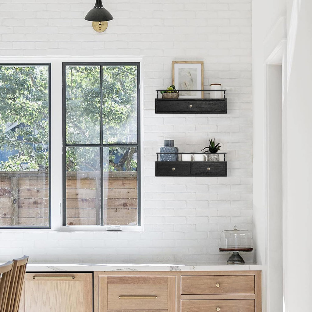 Floating Shelves With Drawers Set of 2, Wall Mounted Storage