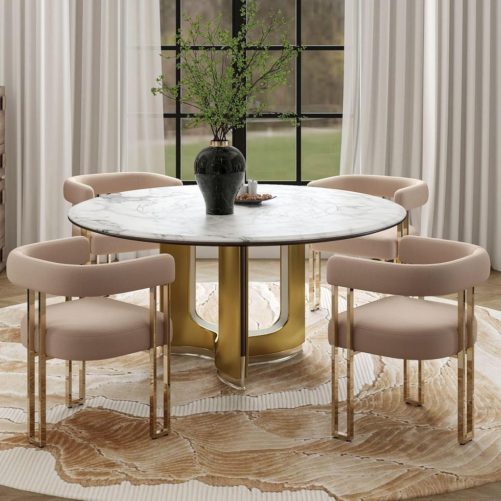 Velvet Dining Chairs Set of 4, Khaki Upholstered Barrel Armchairs with Gold Metal Legs for Kitchen Island, Mid