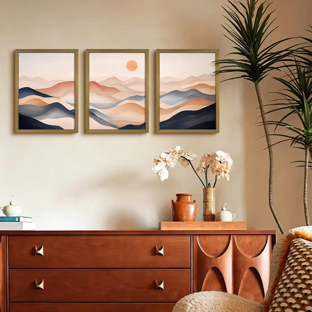 Vintage Abstract Mountain Wall Art Set of 3 Canvas, Neutral Desert Landscape Framed Poster, Retro Boho Painting for
